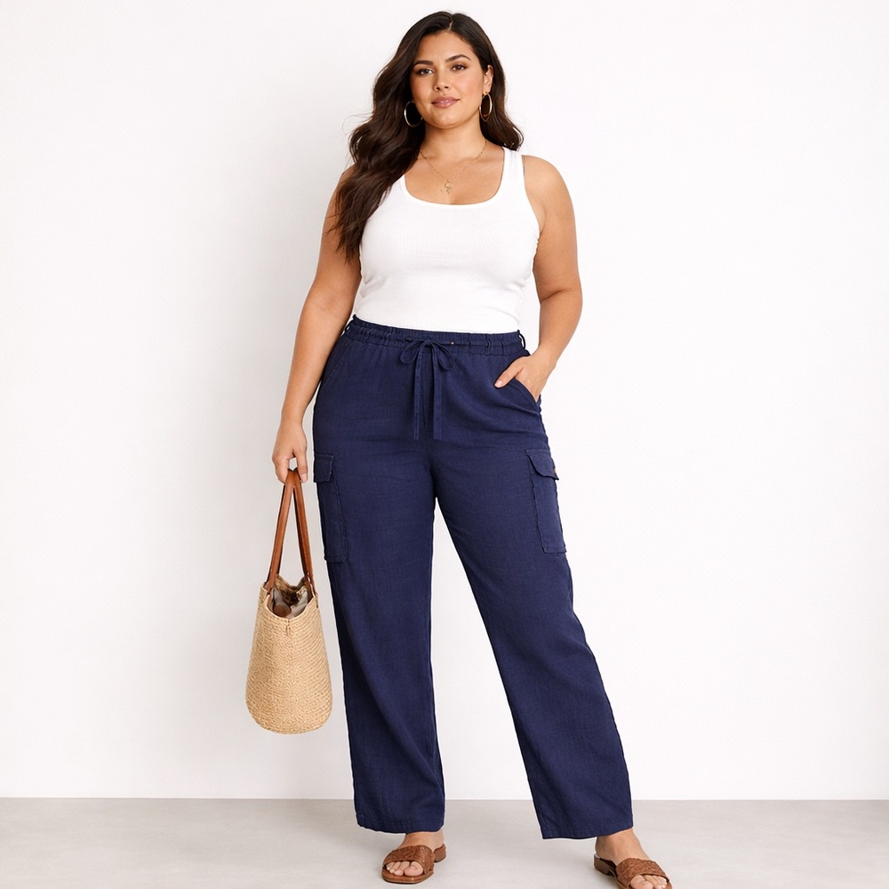 INC International Concepts 100% Linen Cargo Pants Navy Blue Drawstring 18W